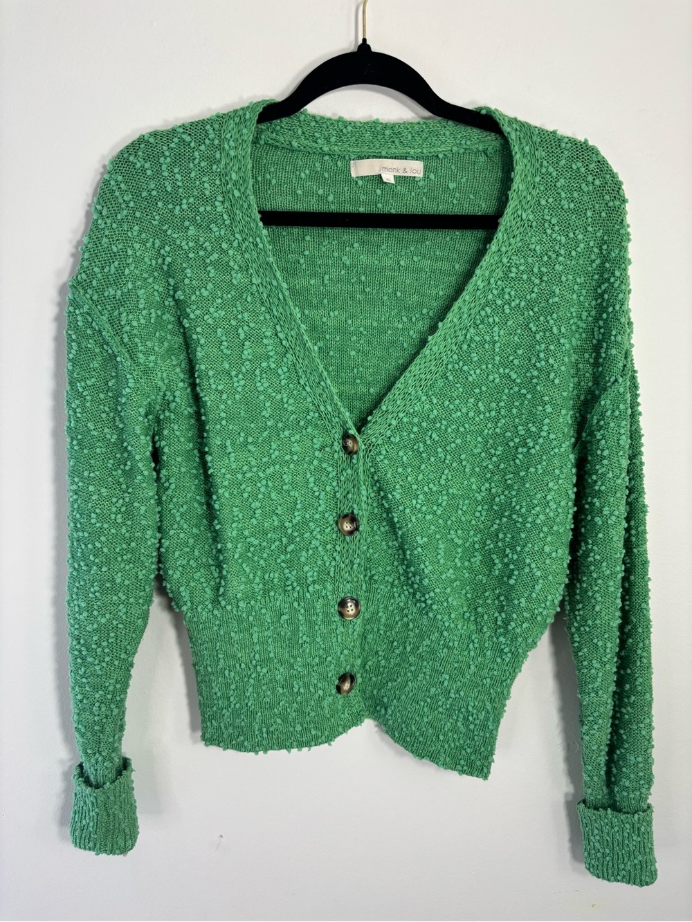 Monk & Lou Green Popcorn Knit Button-Front Sweater